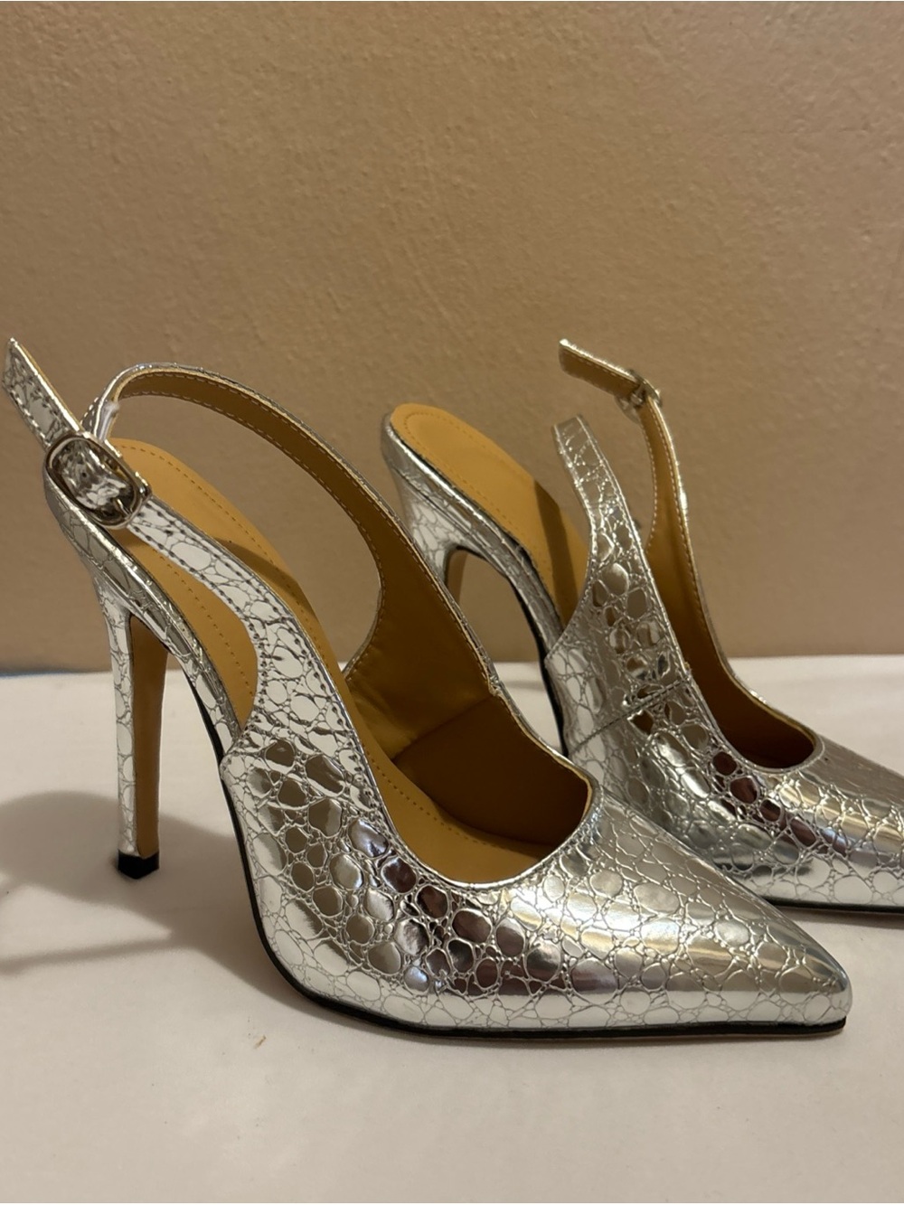 Pointed-Toe Metallic Croc Slingback Heels in Silver